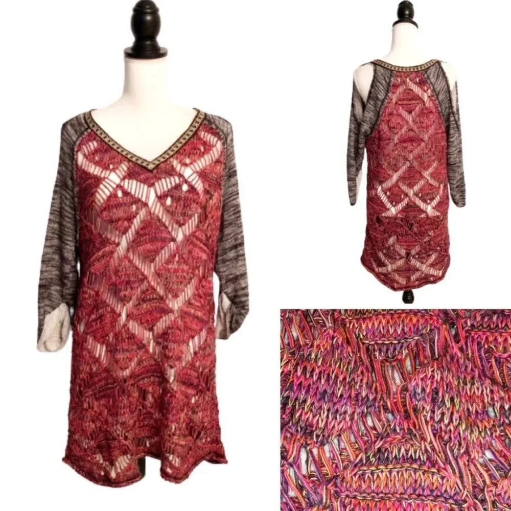 Gimmicks BKE Buckle M Open Knit Tunic Sweater Cold Shoulder Boho Burgundy